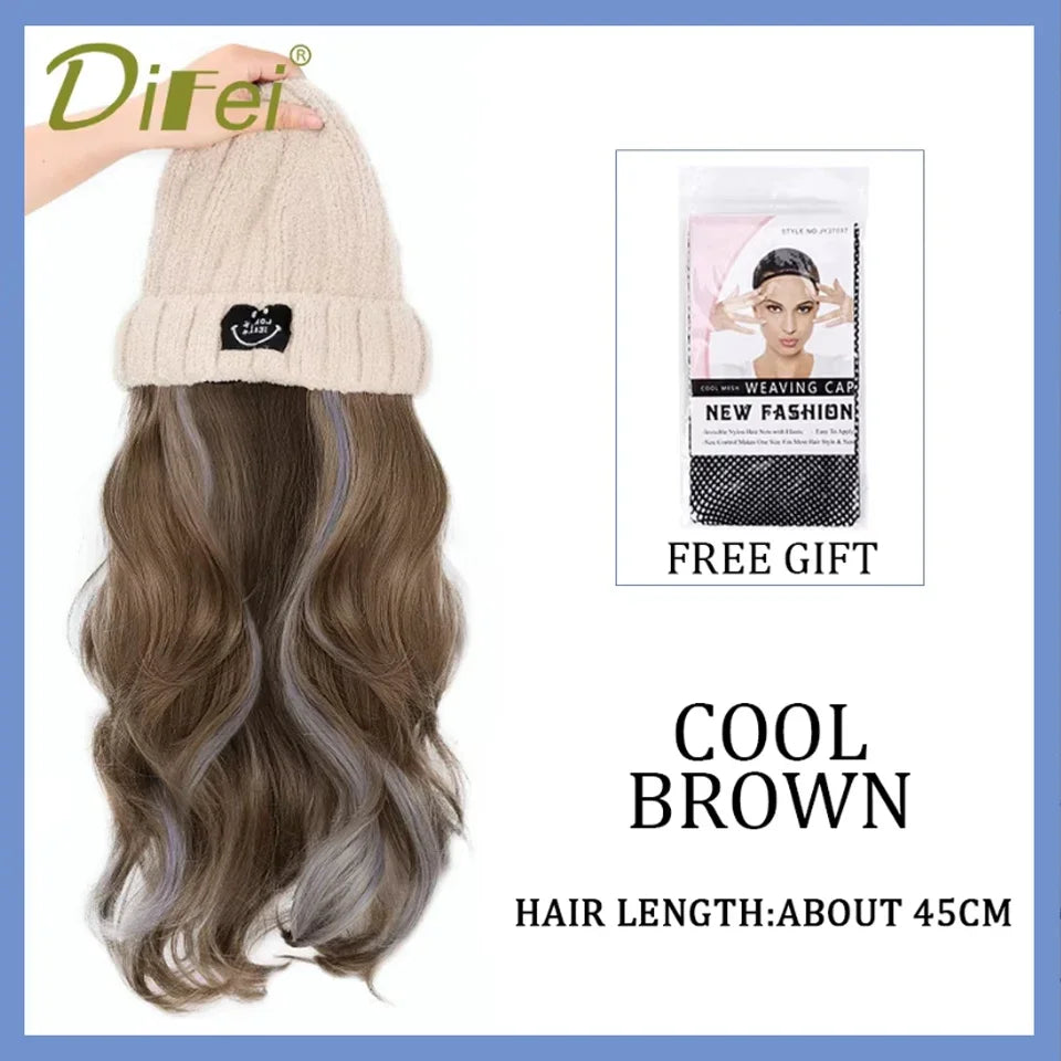 DIFEI Hat Wig One Female Synthetic Wig Fashion Warm Black And White Diamond Lattice Winter Knitted Hat Wave Curly Hair Hat Wig