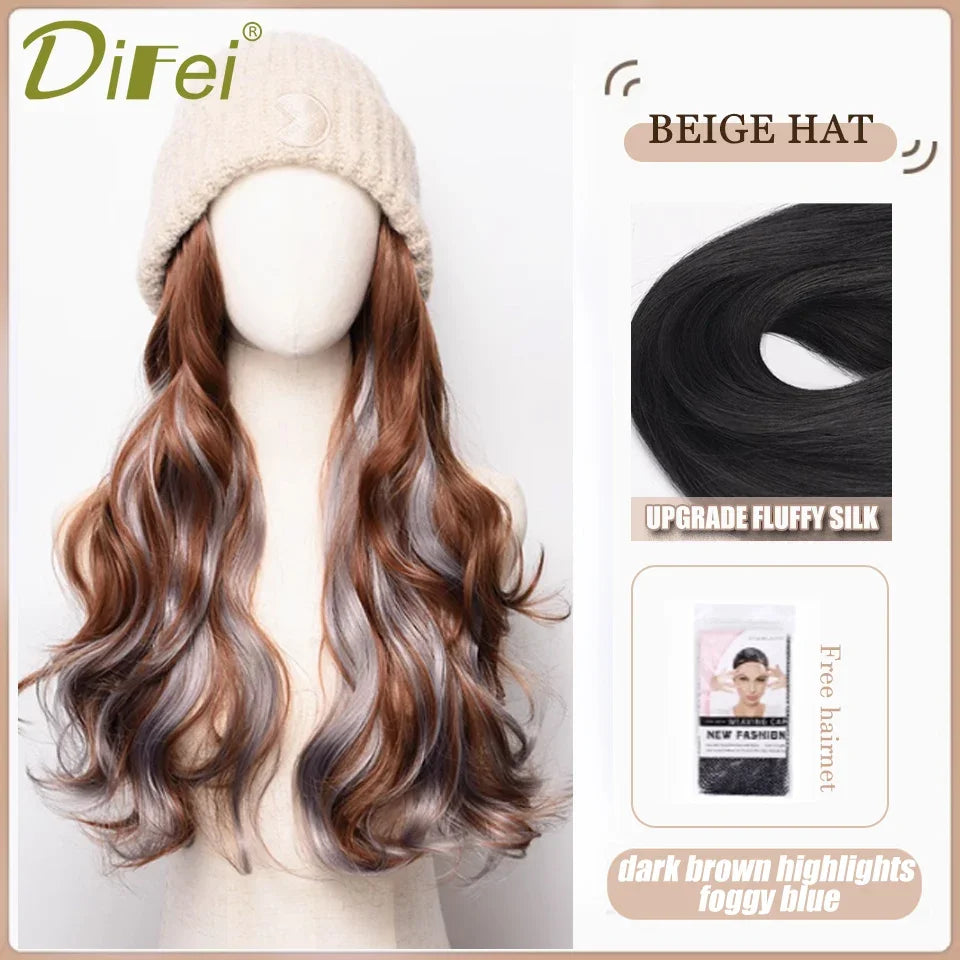 DIFEI Hat Wig One Female Synthetic Wig Fashion Warm Black And White Diamond Lattice Winter Knitted Hat Wave Curly Hair Hat Wig