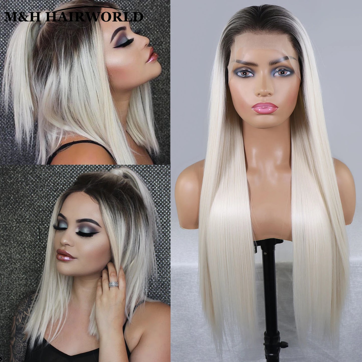 Ombre White Blonde Colored Wig Synthetic 13x3 Lace Front Wigs for Women Dark Root Long Straight Hair Lace Frontal Wig