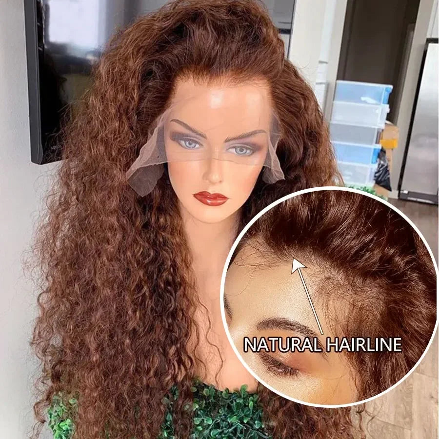 200% Chocolate Brown Deep Wave Human Hair Wig Transparent Lace Frontal Wigs For Women 13x6 Lace Front Water Curly Wigs