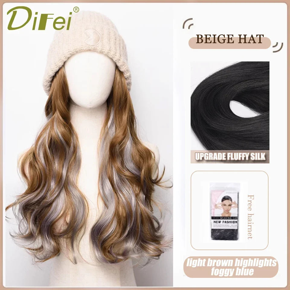 DIFEI Hat Wig One Female Synthetic Wig Fashion Warm Black And White Diamond Lattice Winter Knitted Hat Wave Curly Hair Hat Wig