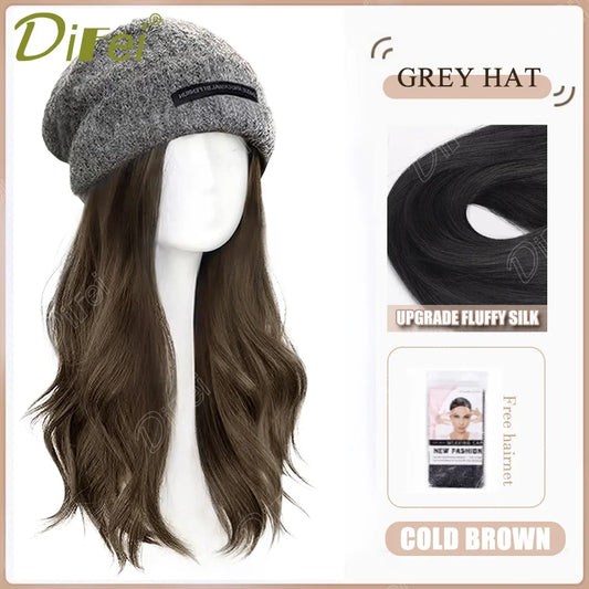 DIFEI Hat Wig One Female Synthetic Wig Fashion Warm Black And White Diamond Lattice Winter Knitted Hat Wave Curly Hair Hat Wig