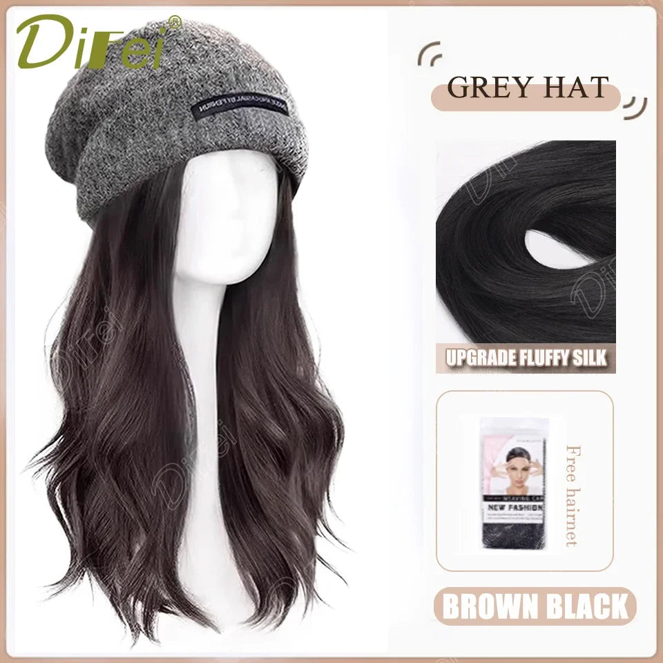 DIFEI Hat Wig One Female Synthetic Wig Fashion Warm Black And White Diamond Lattice Winter Knitted Hat Wave Curly Hair Hat Wig