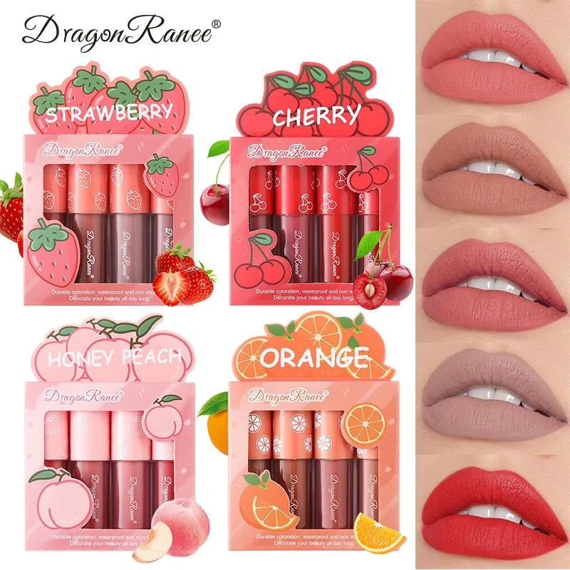 4Pcs/Set Mini Velvet Matte Lip Gloss Non-Stick Cup Lipstick Long-Lasting Fruit Scented Lip Tint Lip Glaze Lips Makeup Cosmetics