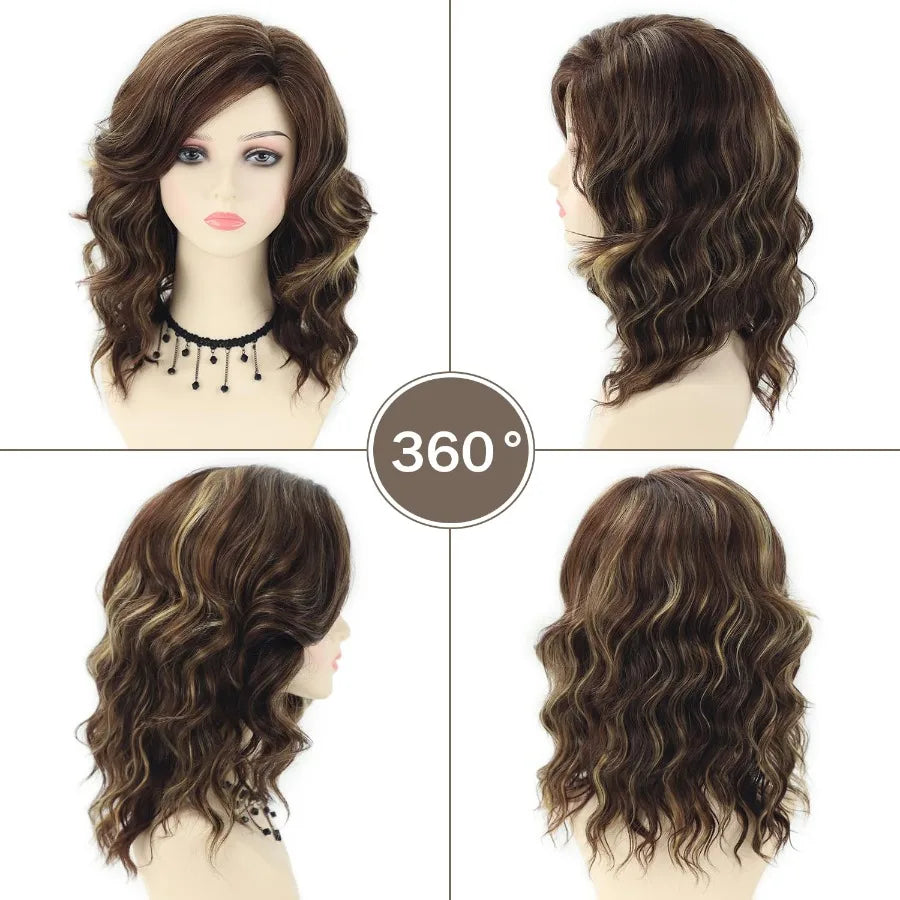 Medium length brown wigs featuring short curly brown mixed blonde wig with bangs synthetic hair wavy layered bo