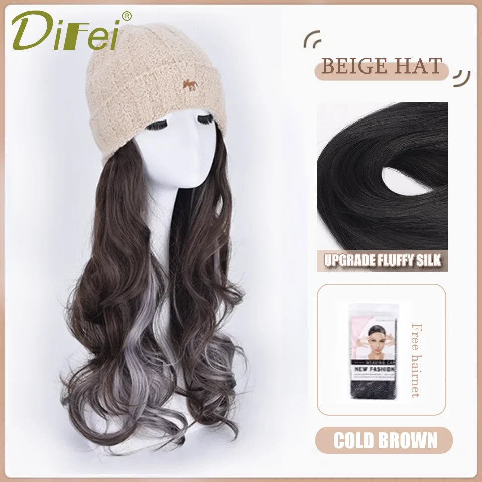 DIFEI Hat Wig One Female Synthetic Wig Fashion Warm Black And White Diamond Lattice Winter Knitted Hat Wave Curly Hair Hat Wig