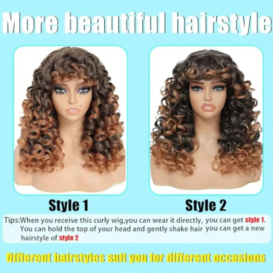20 Inch Long Big Curly Afro Wig with Bangs Ombre Brown Synthetic Hair Replacement Wig Perfect for Cos