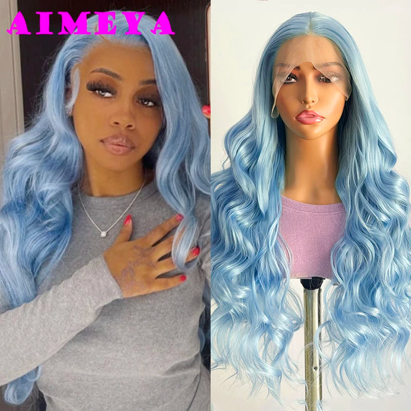 AIMEYA Lace Wig Synthetic Long Body Wave Lace Front Wig Mint Heat Resistant Hair Lace Daily Use Cosplay Wig
