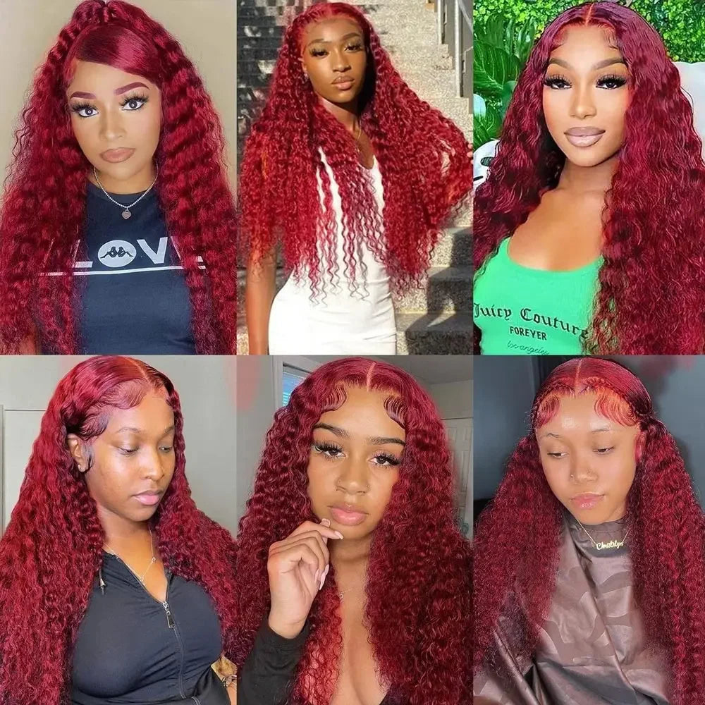 Brazilian 13x6 Hd Lace Frontal Wigs Deep Wave Burgundy Human Hair 99j Colored Red Wig For Women Brazilian Water Wave Curly Wigs