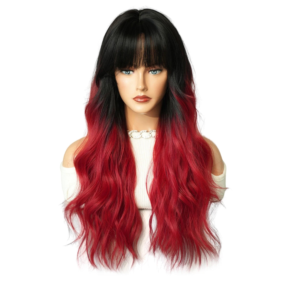 NAMM Long Wavy Ombre Black To Red Wig for Women Daily Synthetic Lavender Hair Wig with Fluffy Bangs Heat Resistant