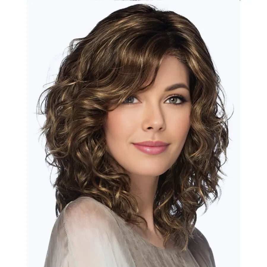 Medium length brown wigs featuring short curly brown mixed blonde wig with bangs synthetic hair wavy layered bo
