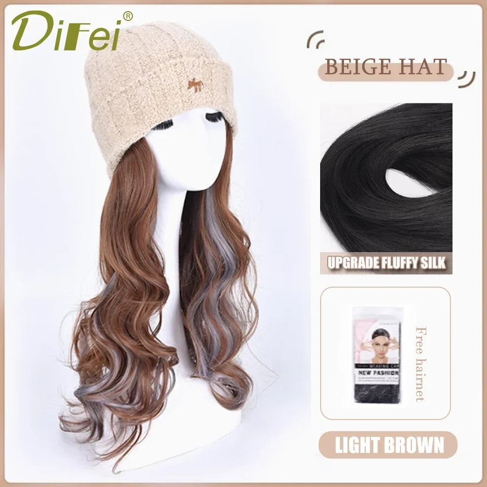 DIFEI Hat Wig One Female Synthetic Wig Fashion Warm Black And White Diamond Lattice Winter Knitted Hat Wave Curly Hair Hat Wig