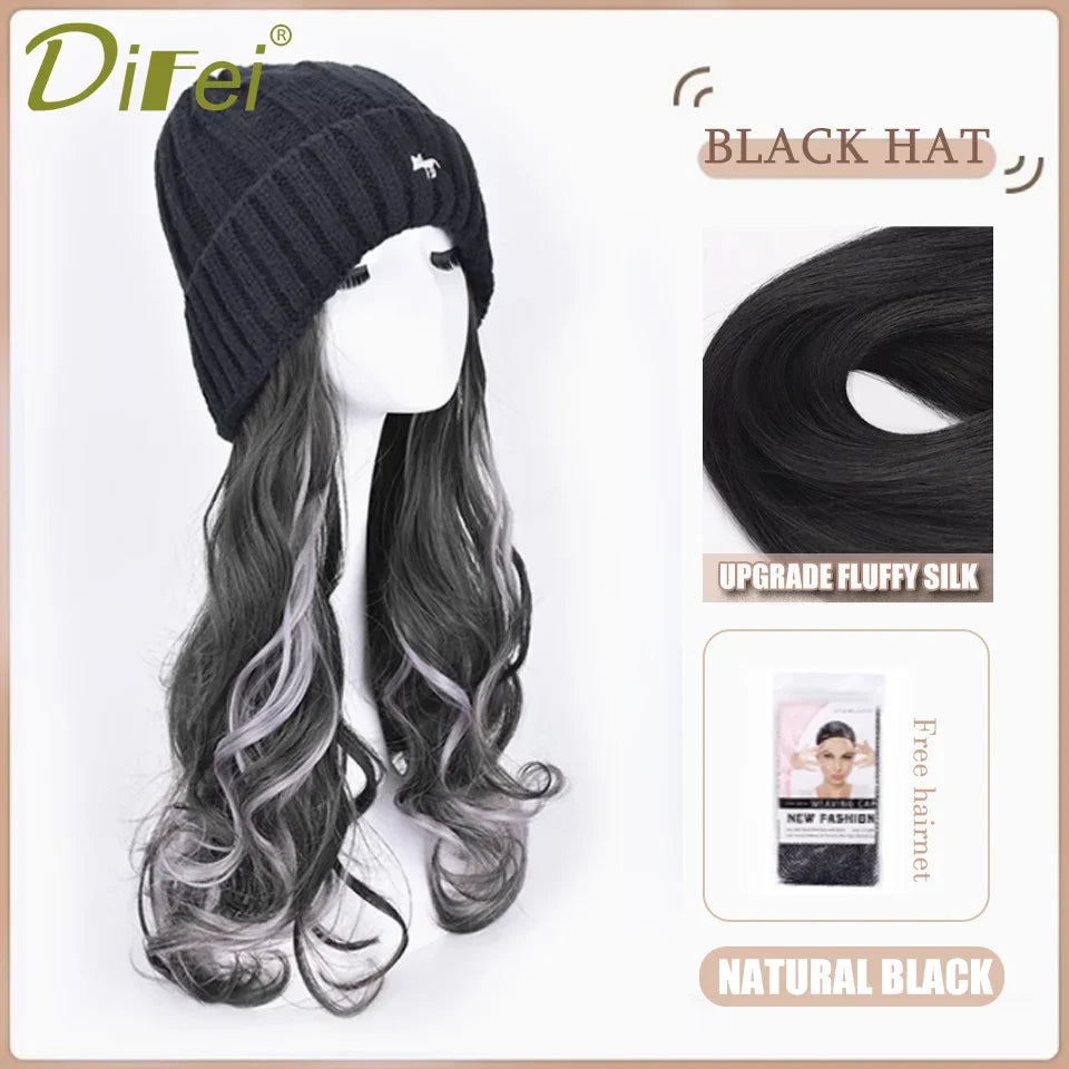 DIFEI Hat Wig One Female Synthetic Wig Fashion Warm Black And White Diamond Lattice Winter Knitted Hat Wave Curly Hair Hat Wig