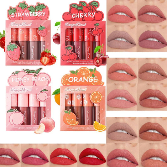 4Pcs/Set Mini Velvet Matte Lip Gloss Non-Stick Cup Lipstick Long-Lasting Fruit Scented Lip Tint Lip Glaze Lips Makeup Cosmetics