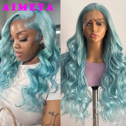AIMEYA Lace Wig Synthetic Long Body Wave Lace Front Wig Mint Heat Resistant Hair Lace Daily Use Cosplay Wig
