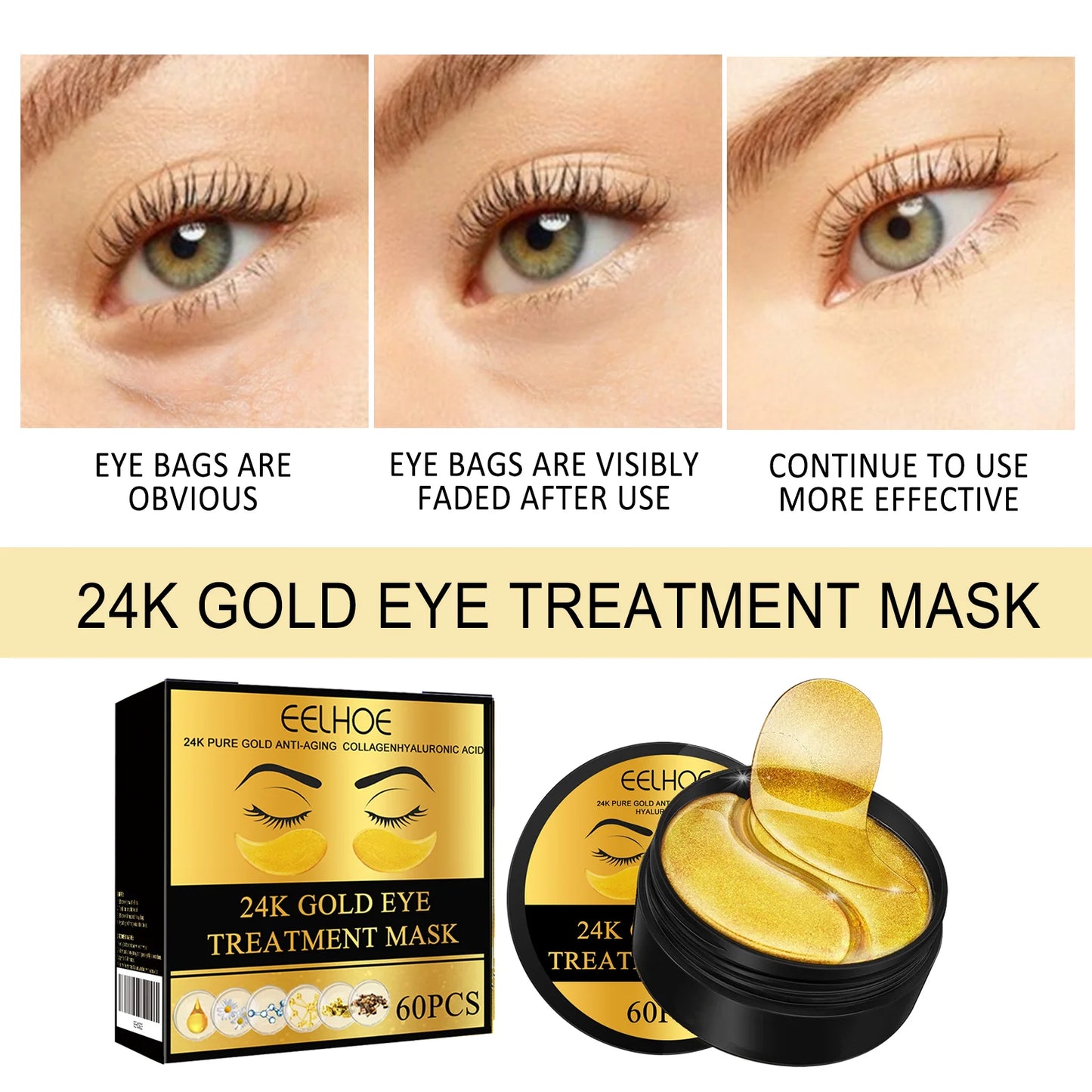 60PCS 24K Golden Eye Mask Containing Hyaluronic Acid To Reduce Eye Bags And Smooth Wrinkles, Moisturizing The Skin's Eye Mask