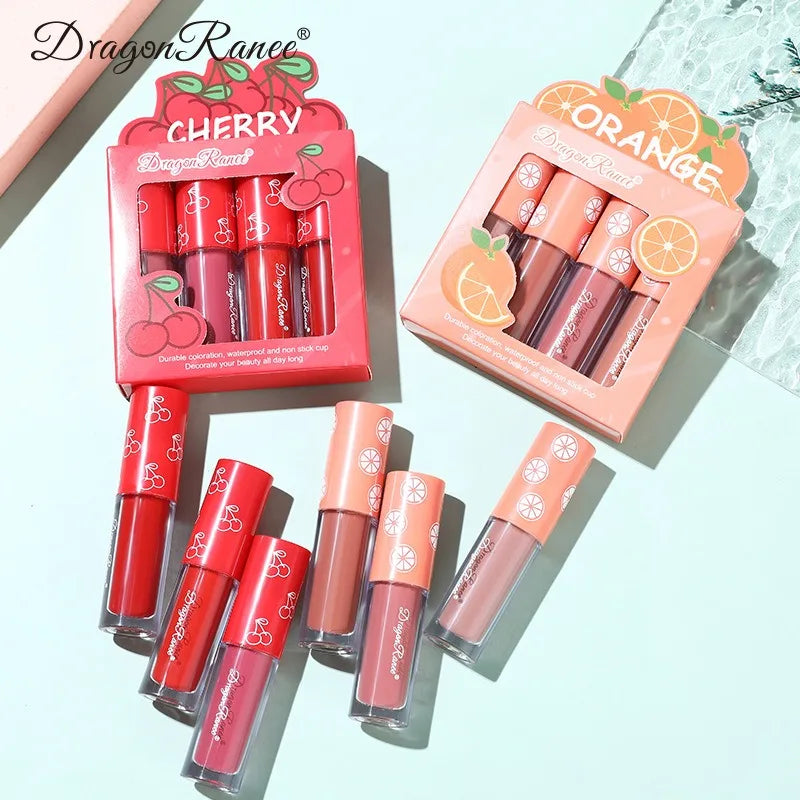 4Pcs/Set Mini Velvet Matte Lip Gloss Non-Stick Cup Lipstick Long-Lasting Fruit Scented Lip Tint Lip Glaze Lips Makeup Cosmetics