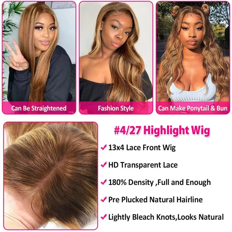 13x4 HD Lace Front Wig P4/27 Highlight Colored Body Wave Human Hair 13x6 Transparent Lace Frontal Wigs