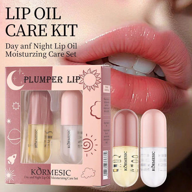 Long Lasting Lip Plumper Oil Serum Day Night Repair Moisturizing Lip Oil Set Plumping Lip Gloss Makeup Sexy Lip Glow Oil Care