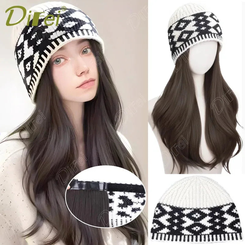 DIFEI Hat Wig One Female Synthetic Wig Fashion Warm Black And White Diamond Lattice Winter Knitted Hat Wave Curly Hair Hat Wig