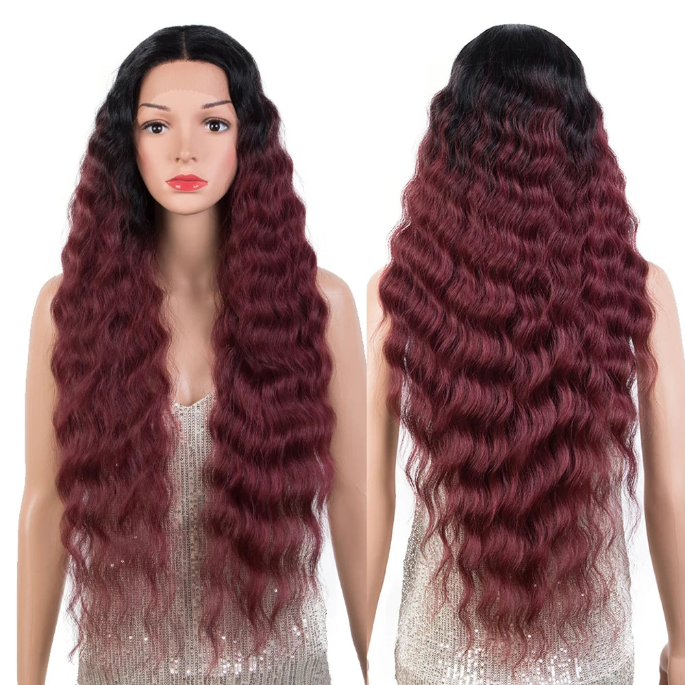 Synthetic Lace Front Wig Baby Hair Wig Long Wavy 30 " Hair Lace Wig For Women Lace Front Wig Ombre Red  Wig Cosplay Wig
