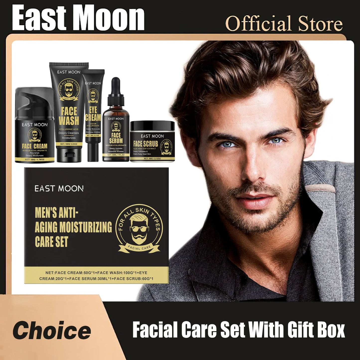 East Moon Men Facial Firming Set with Gift Box Hydrate Lifting Smooth Oil Control Moisturizing Serum Face Skin Care Cream Series