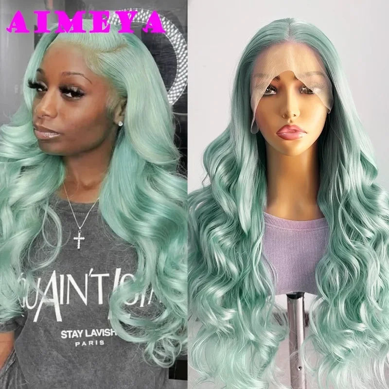 AIMEYA Lace Wig Synthetic Long Body Wave Lace Front Wig Mint Heat Resistant Hair Lace Daily Use Cosplay Wig