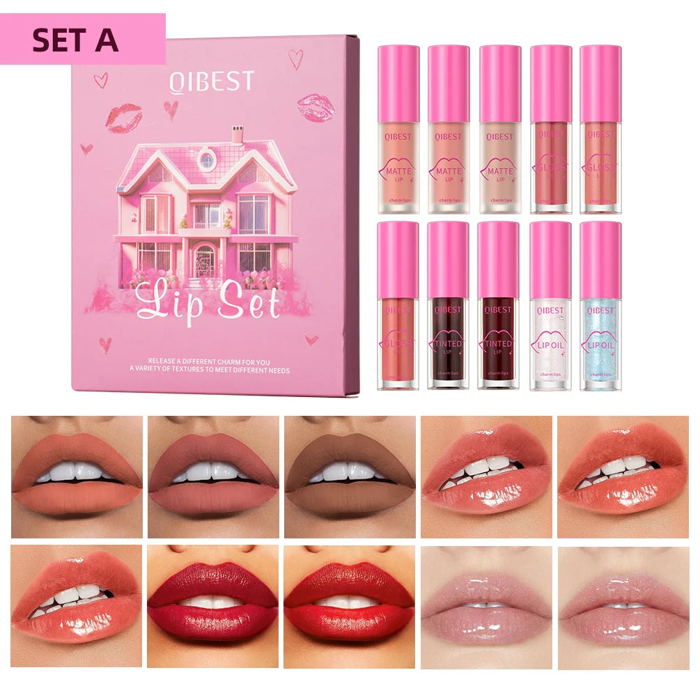 QIBEST Lips Makeup Set Matte Velvet Liquid Lipstick Lip Gloss Non-Sticky Lip Oil Glaze Moisturizing Lip Tint Balm Cosmetics Kits