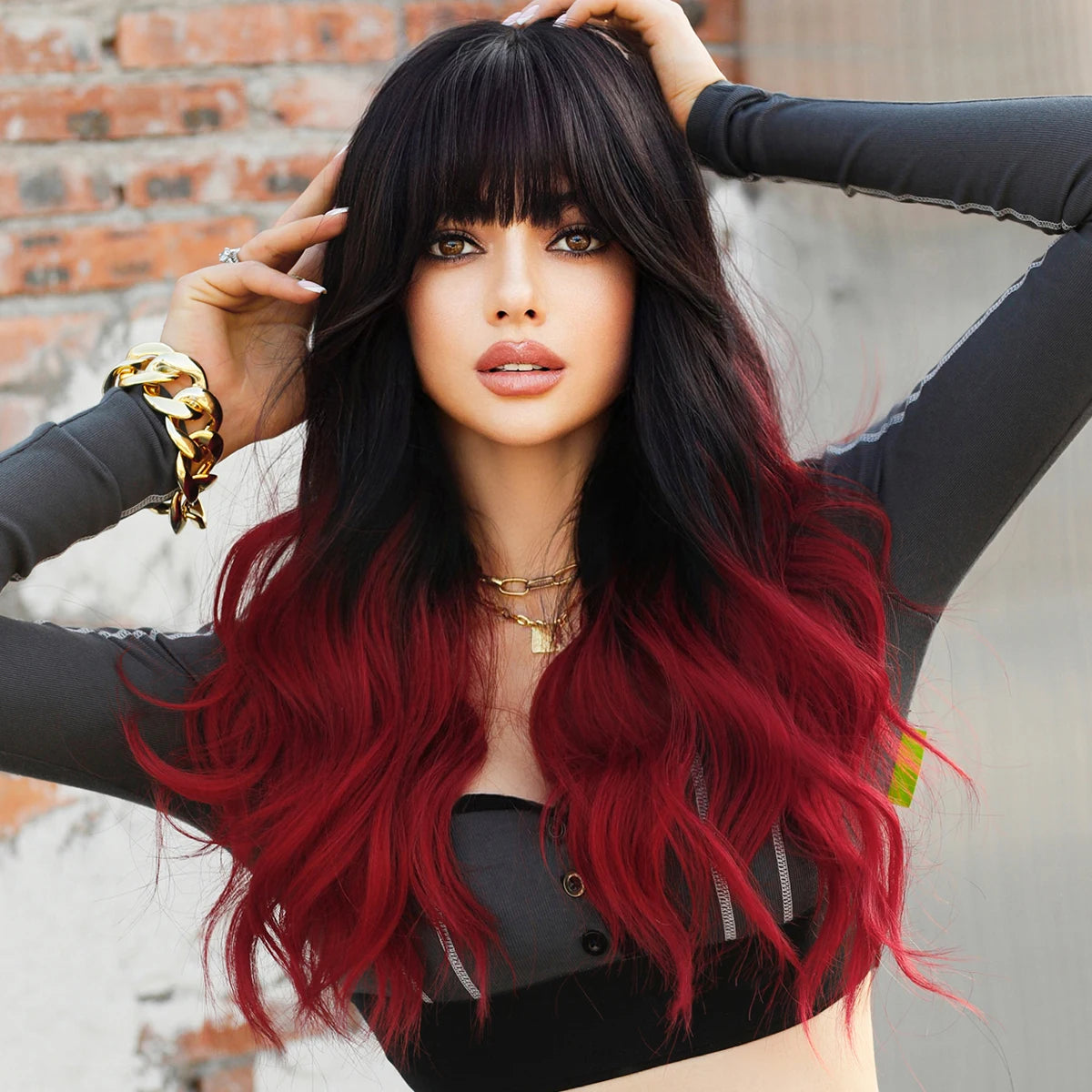 NAMM Long Wavy Ombre Black To Red Wig for Women Daily Synthetic Lavender Hair Wig with Fluffy Bangs Heat Resistant
