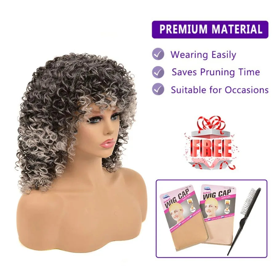 YEAME Curly Wigs Kinky Curly Afro Wig with Bangs Ombre Gray Color Synthetic Mixed Wigs with 1 Wig Comb and 4pcs