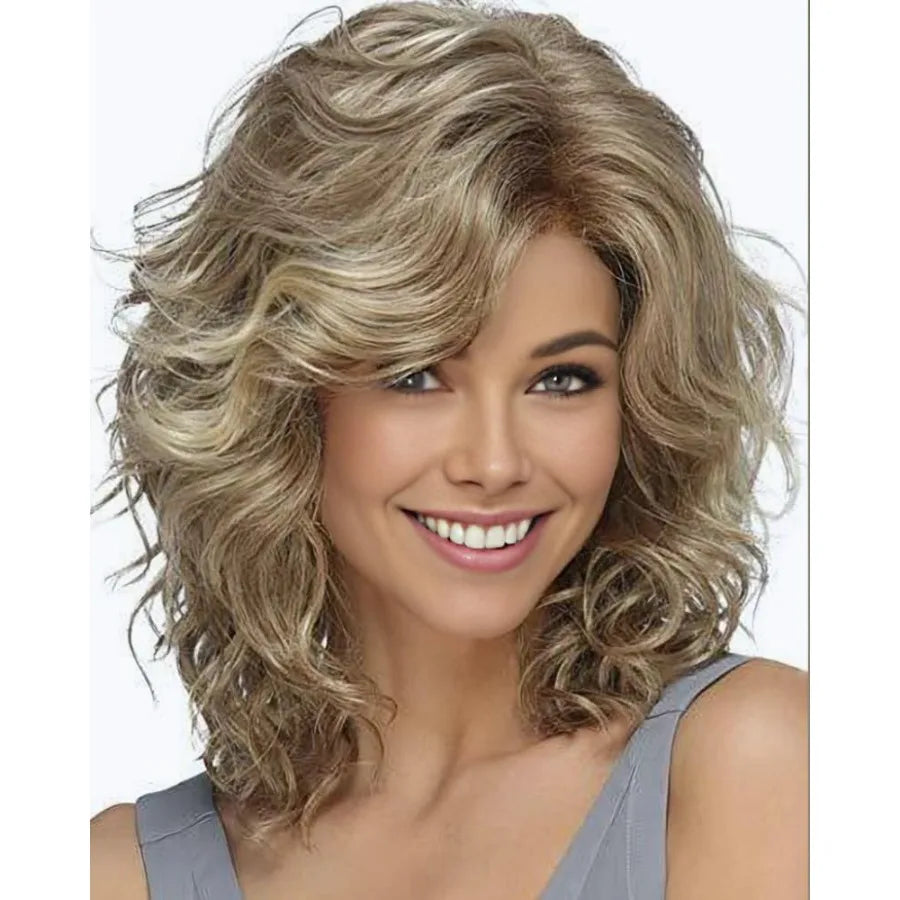 Medium length blonde curly wig featuring short layered wavy bob style synthetic hair wigs ideal for daily wear