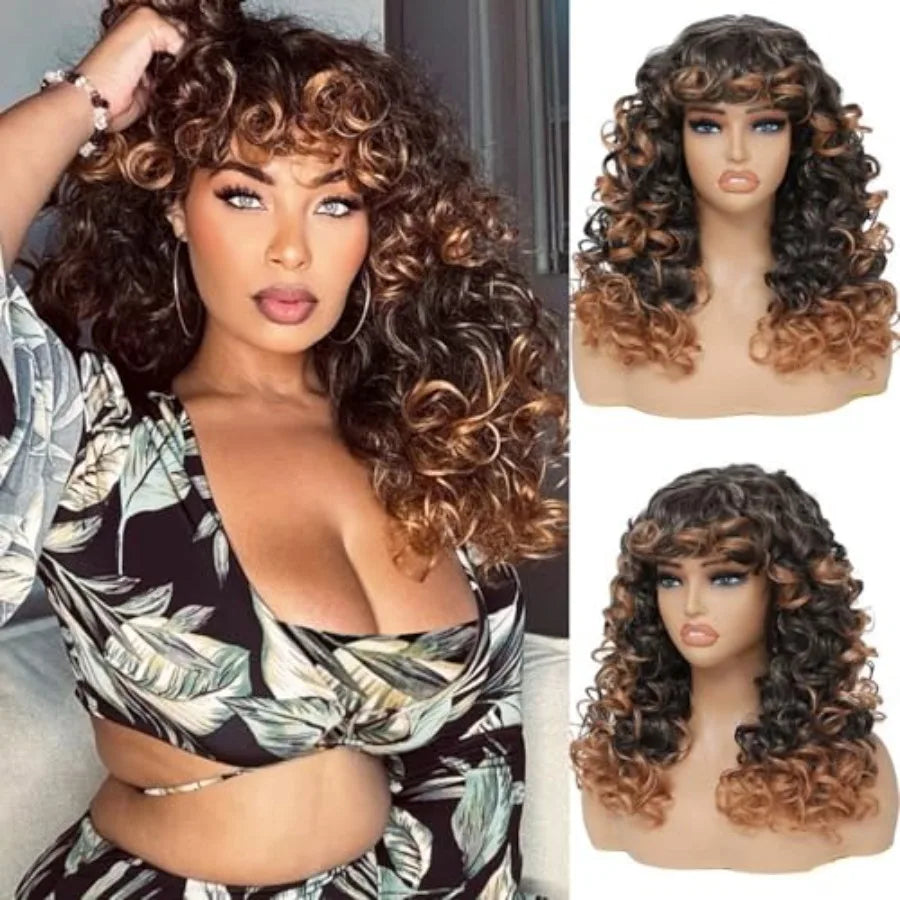20 Inch Long Big Curly Afro Wig with Bangs Ombre Brown Synthetic Hair Replacement Wig Perfect for Cos