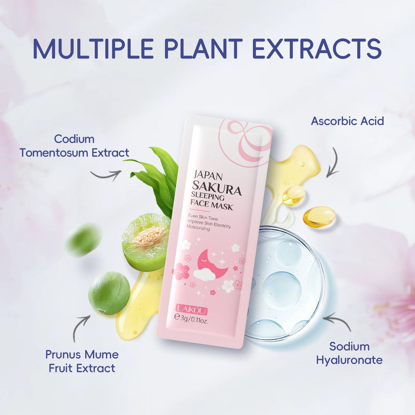LAIKOU Japan Sakura Skincare Set Hydrating Toner Lip Mask Sleeping Face Mud Mask Peach Scrub Travel Mini Kit Gift