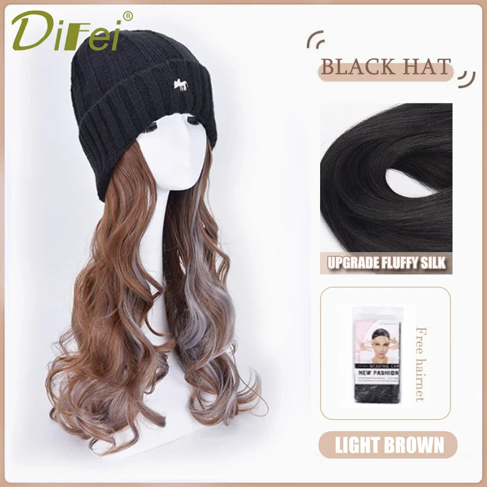 DIFEI Hat Wig One Female Synthetic Wig Fashion Warm Black And White Diamond Lattice Winter Knitted Hat Wave Curly Hair Hat Wig