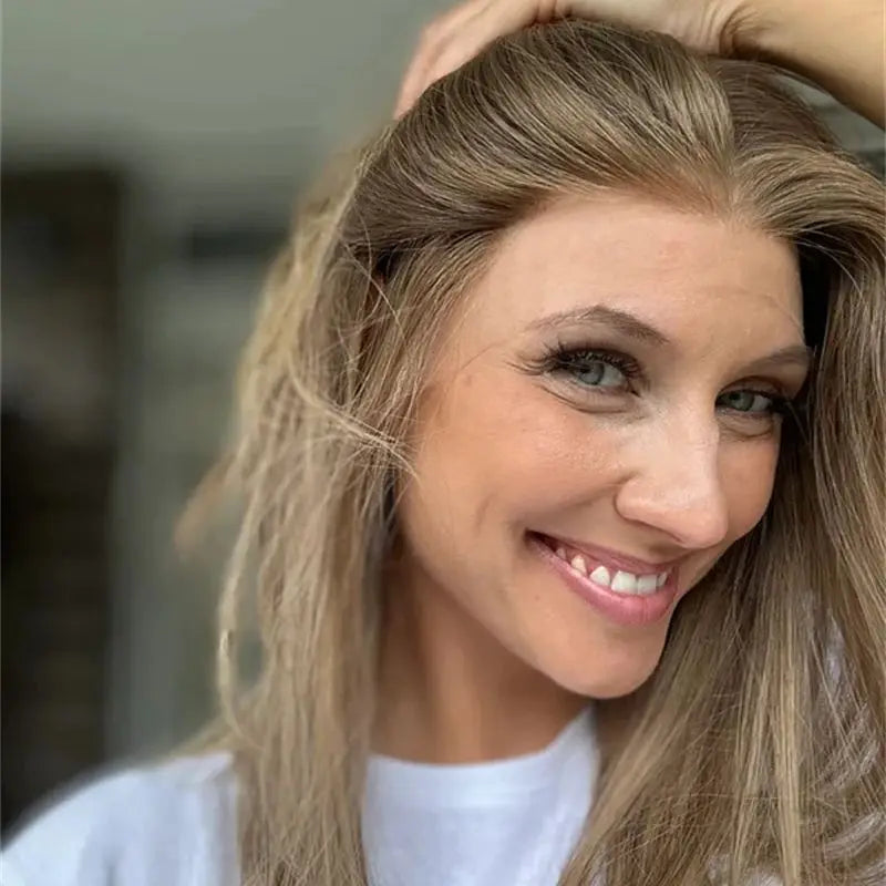 Ombre Blonde with Brown Streaks Synthetic HD Lace Front Wig Short Straight Glueless Bob Wig for White Women Daily Party Use