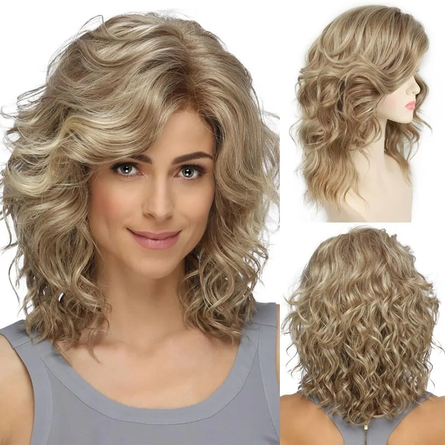 Medium length blonde curly wig featuring short layered wavy bob style synthetic hair wigs ideal for daily wear