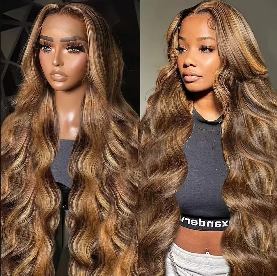 HD Lace Frontal Wigs Honey Blonde Colored Highlight Body Wave Human Hair Pre-plucked
