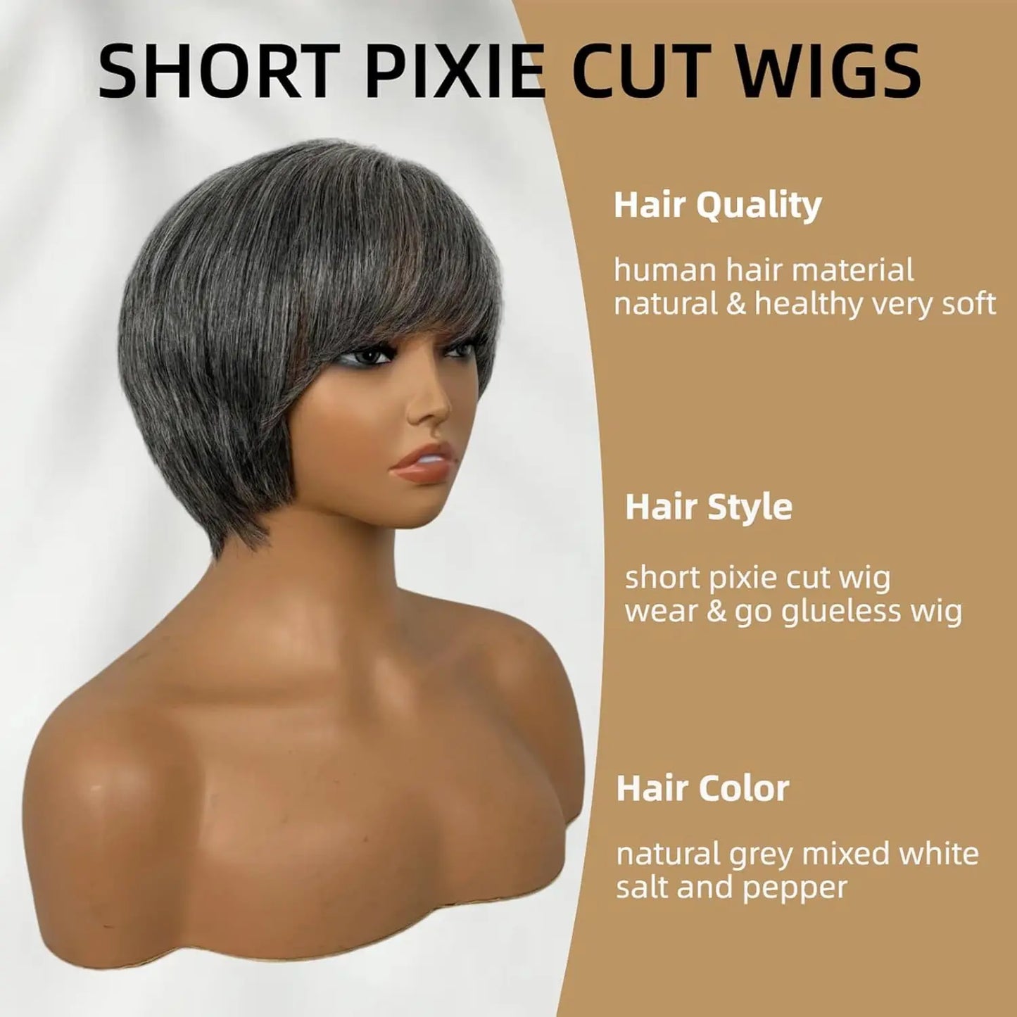 Salt and Pepper Grey Wig Human Hair Natural Grey-White Layered Short Pixie Cut Wig Human Hair for Women Wear and Go Glueless Wig