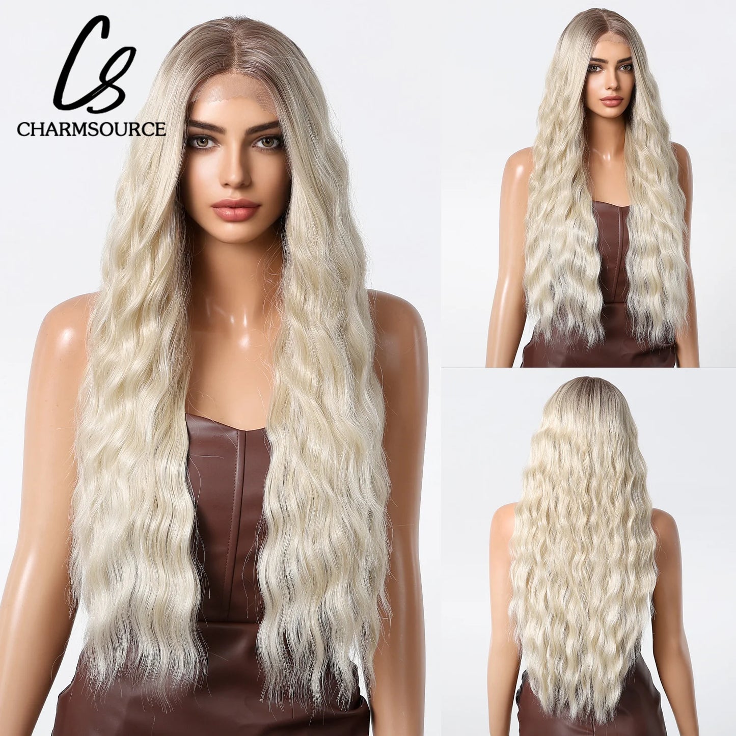 CharmSource 13x6 Lace Synthetic Wig Long Wavy Light Blonde Wigs with Dark Root Women Daily Party Cosplay Wedding High Density