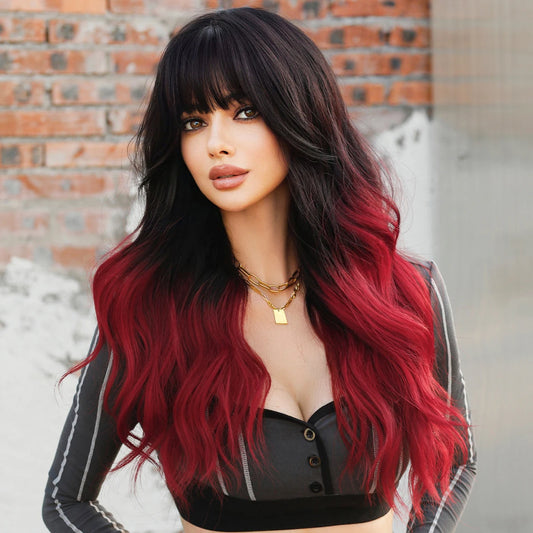 NAMM Long Wavy Ombre Black To Red Wig for Women Daily Synthetic Lavender Hair Wig with Fluffy Bangs Heat Resistant