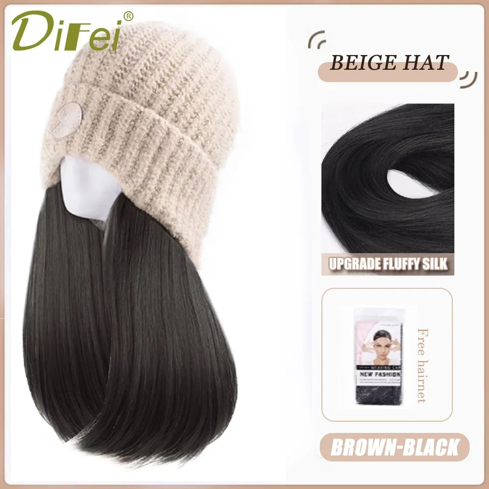 DIFEI Hat Wig One Female Synthetic Wig Fashion Warm Black And White Diamond Lattice Winter Knitted Hat Wave Curly Hair Hat Wig