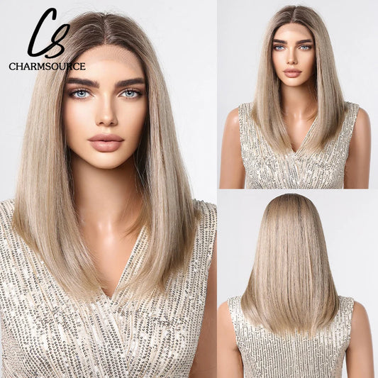 CharmSource 13x6 Lace Synthetic Wig Long Wavy Light Blonde Wigs with Dark Root Women Daily Party Cosplay Wedding High Density