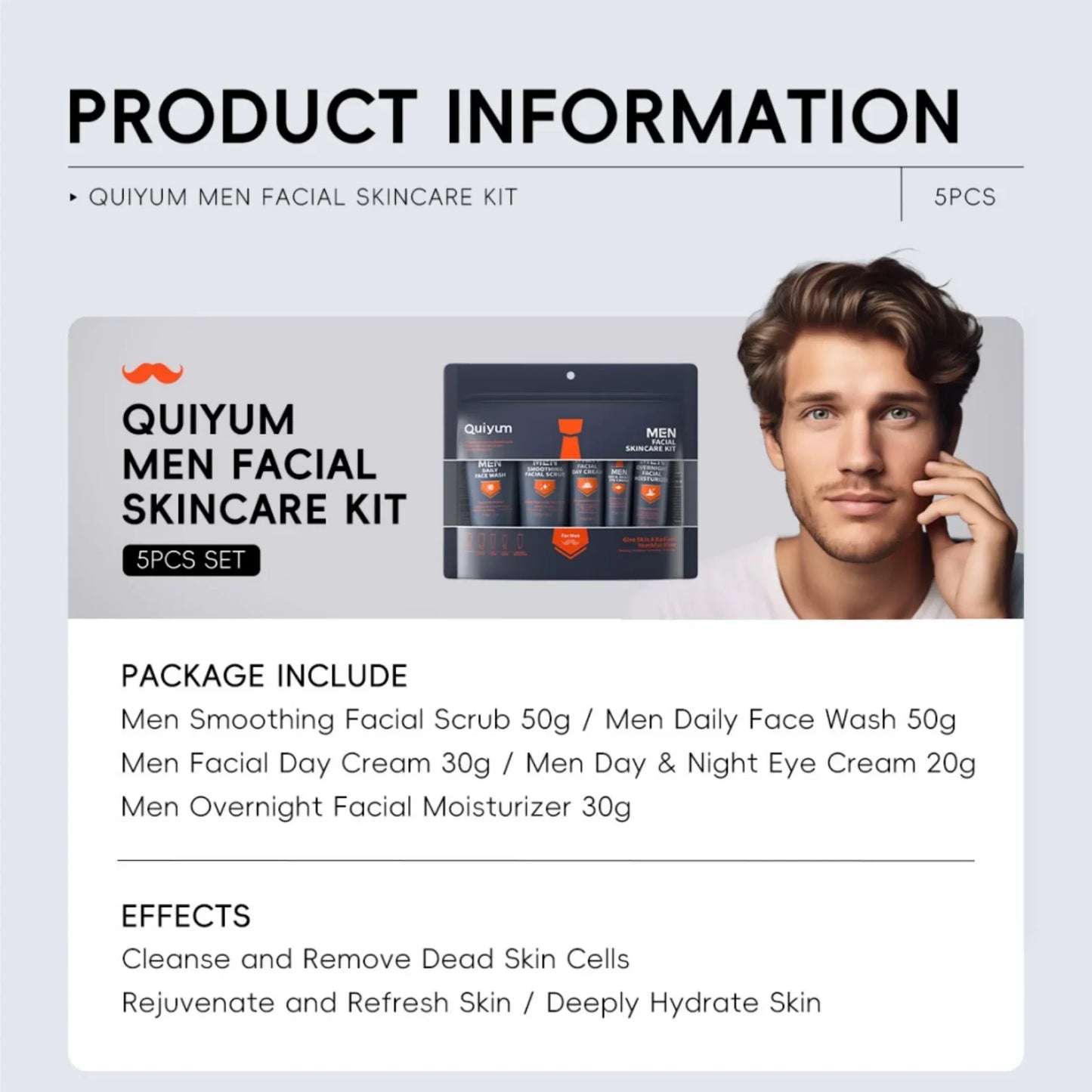 Men Skincare Set 5pcs Facial Scrub Wash Day Night Cream Moisturizer Eye Care Treatment Kit for Healthy Skin