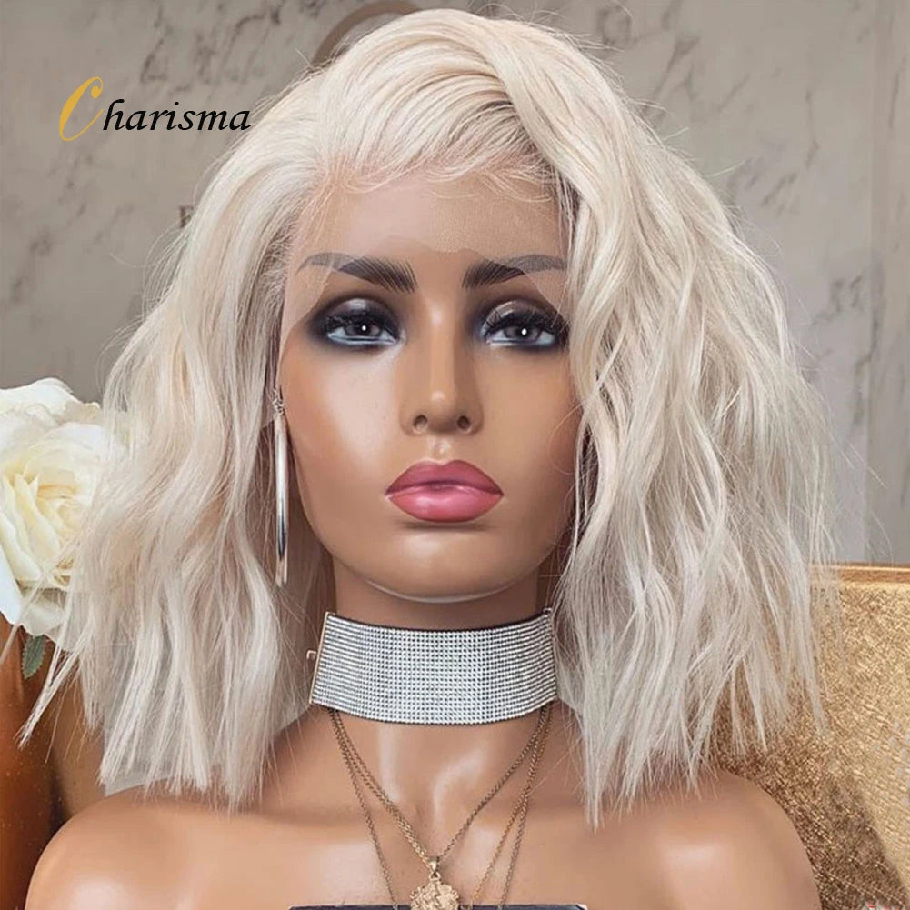 Charisma 60 Platinum Blonde Wig Synthetic Lace Front Wigs For Women Short Bob Style Wavy Hair Blond Frontal Wigs Cosplay