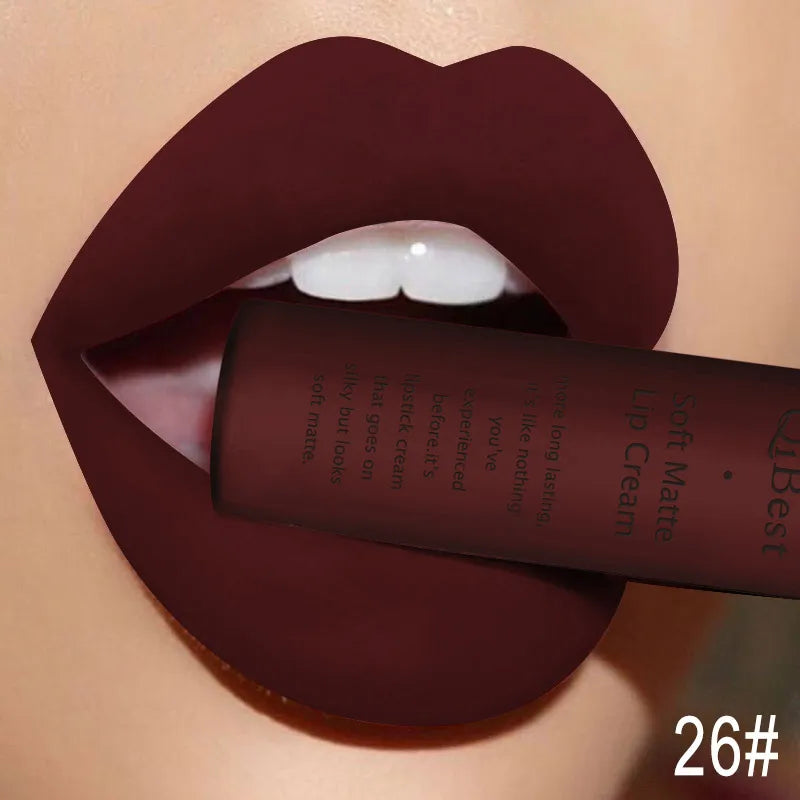 QIBEST Brand 34 Colors Waterproof Matte Nude Lipstick Lipkit Pigment Dark Red Black Long Lasting Lip Gloss Women Makeup Lipgloss
