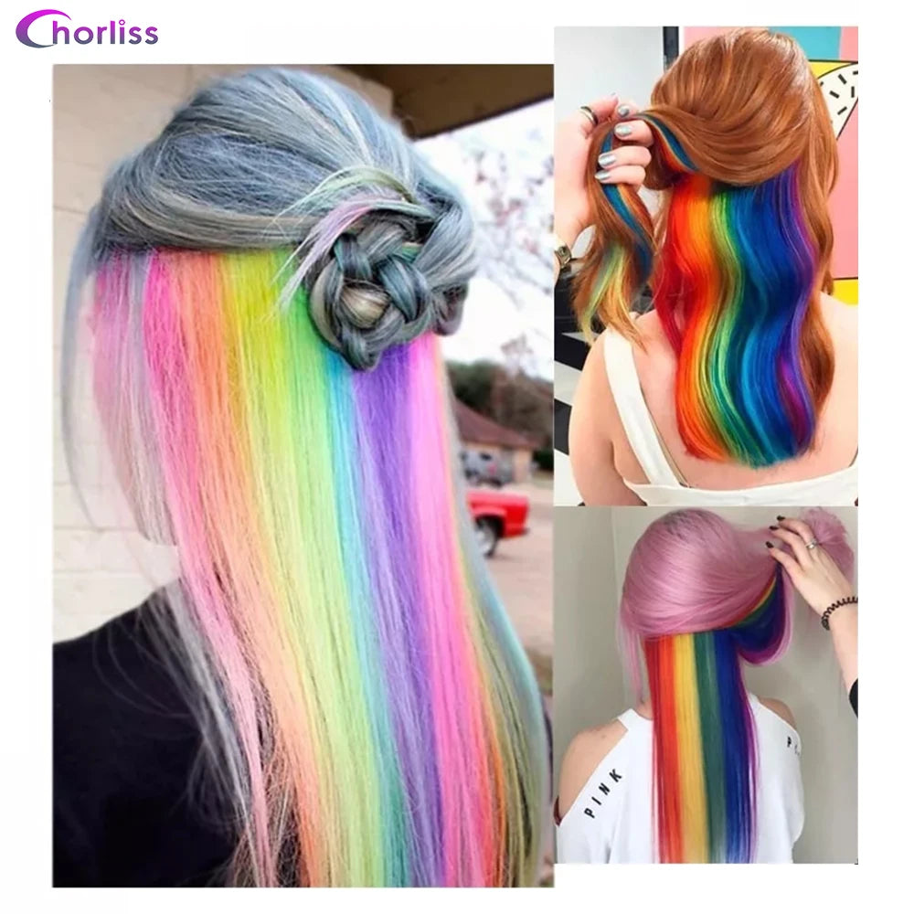 Synthetic Long Straight One Clip In Hair Extensions High Temperature Hairpieces Rainbow Colors Brown For White Women Chorliss
