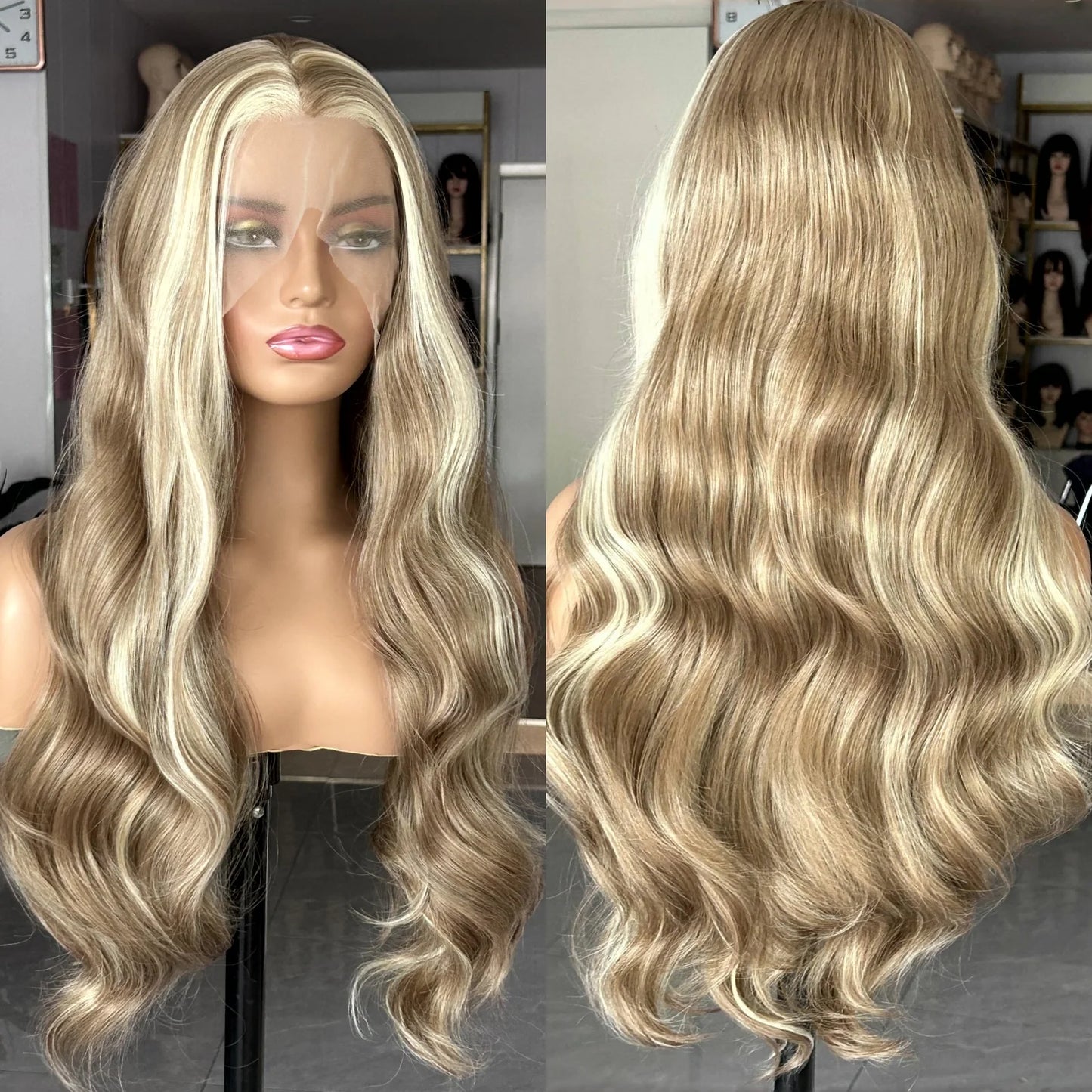 Brown Wig with Ash Blonde Highlights Synthetic Hair Long Wavy Loose Body Wave Streaks Money Piece 13X4 Frontal Wigs for Women