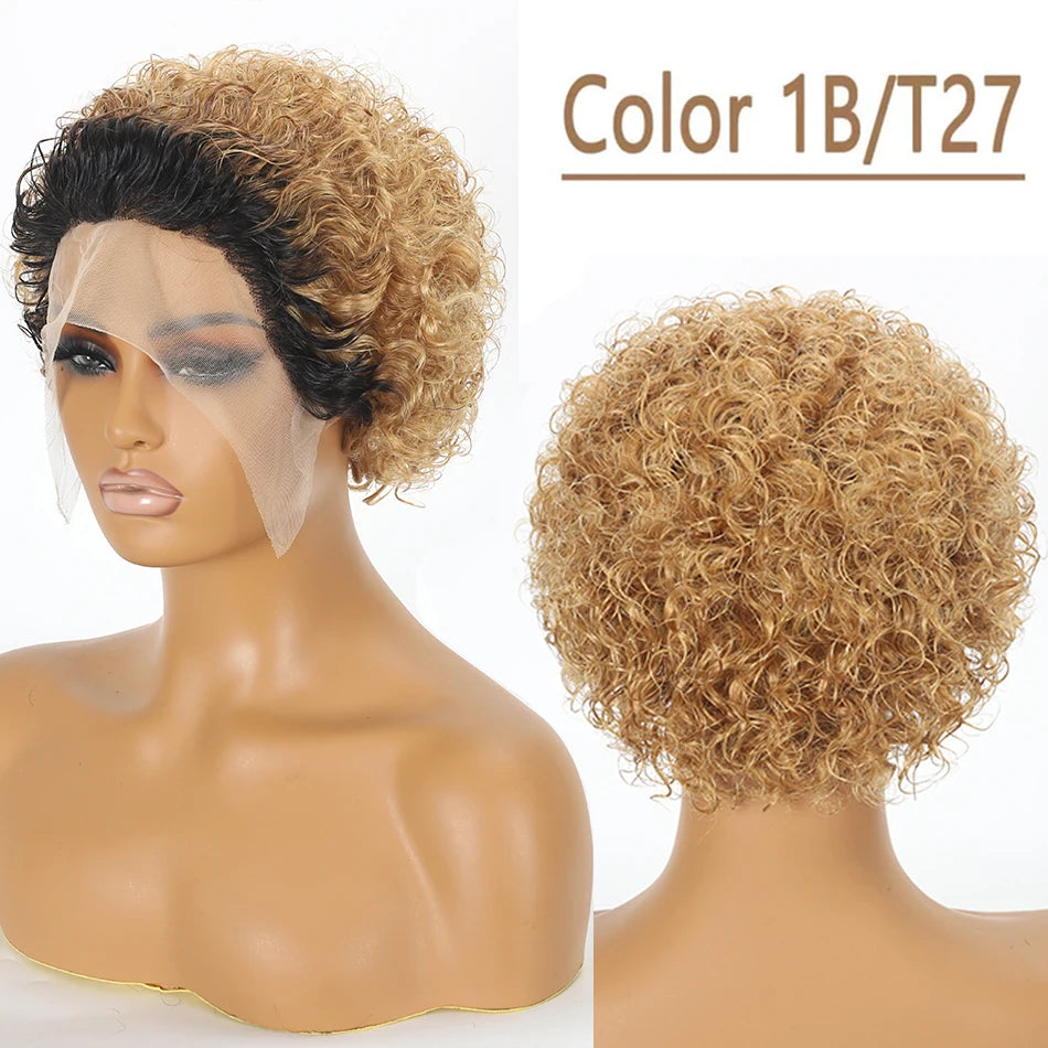 Pixie Cut Wig Kinky Curly Human Hair Wig Honey Blonde Burgundy Colored Short Curly Bob Wigs Pre plucked 13x1 Lace Frontal Wigs