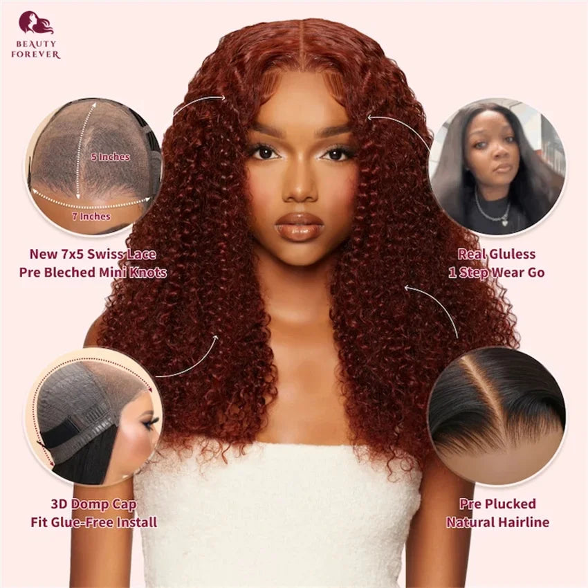 Beautyforever Bye Bye Knots 3.0 Glueless Human Hair Wigs Ready to Wear Jerry Curly Reddish Brown Color Lace Front Human Hair Wig