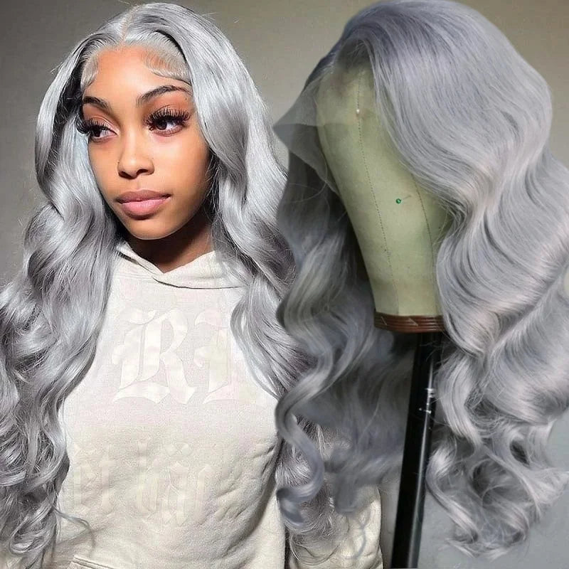 Silver Grey Lace Front Wig Synthetic Lace Wig Glueless Body Wave Long Wavy Silver Wig Body Wave Long Grey Hair Wigs for Women